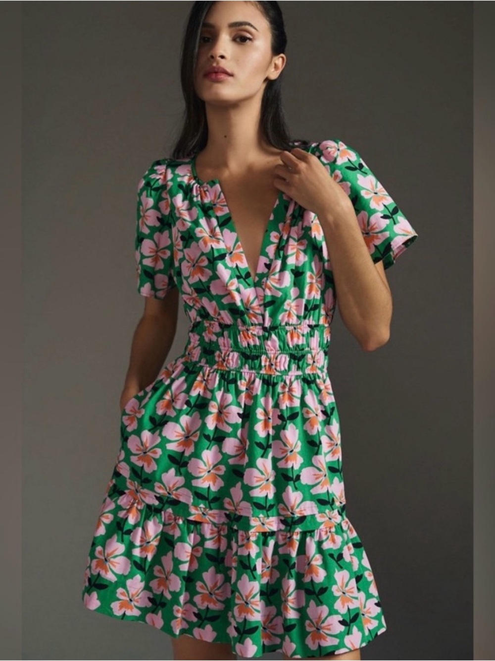 Anthropologie Green Floral V-Neck Smocked Mini Dress with Pink Blossoms